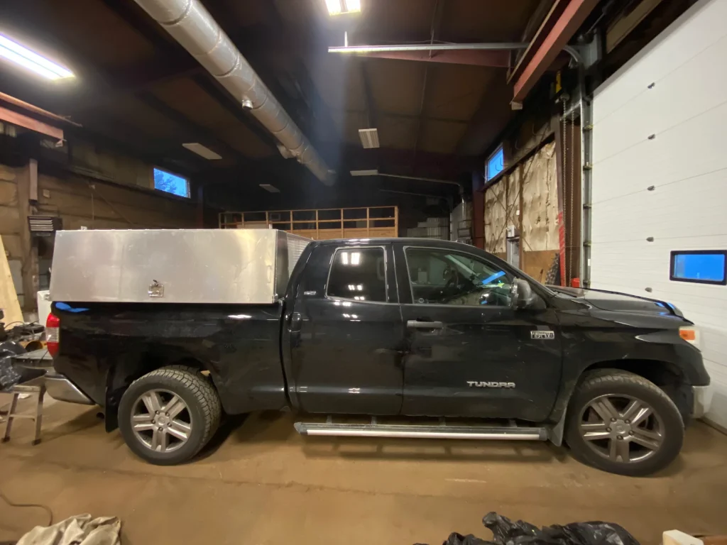 Custom aluminum pickup service body in the shop by BriteArc Fabricators