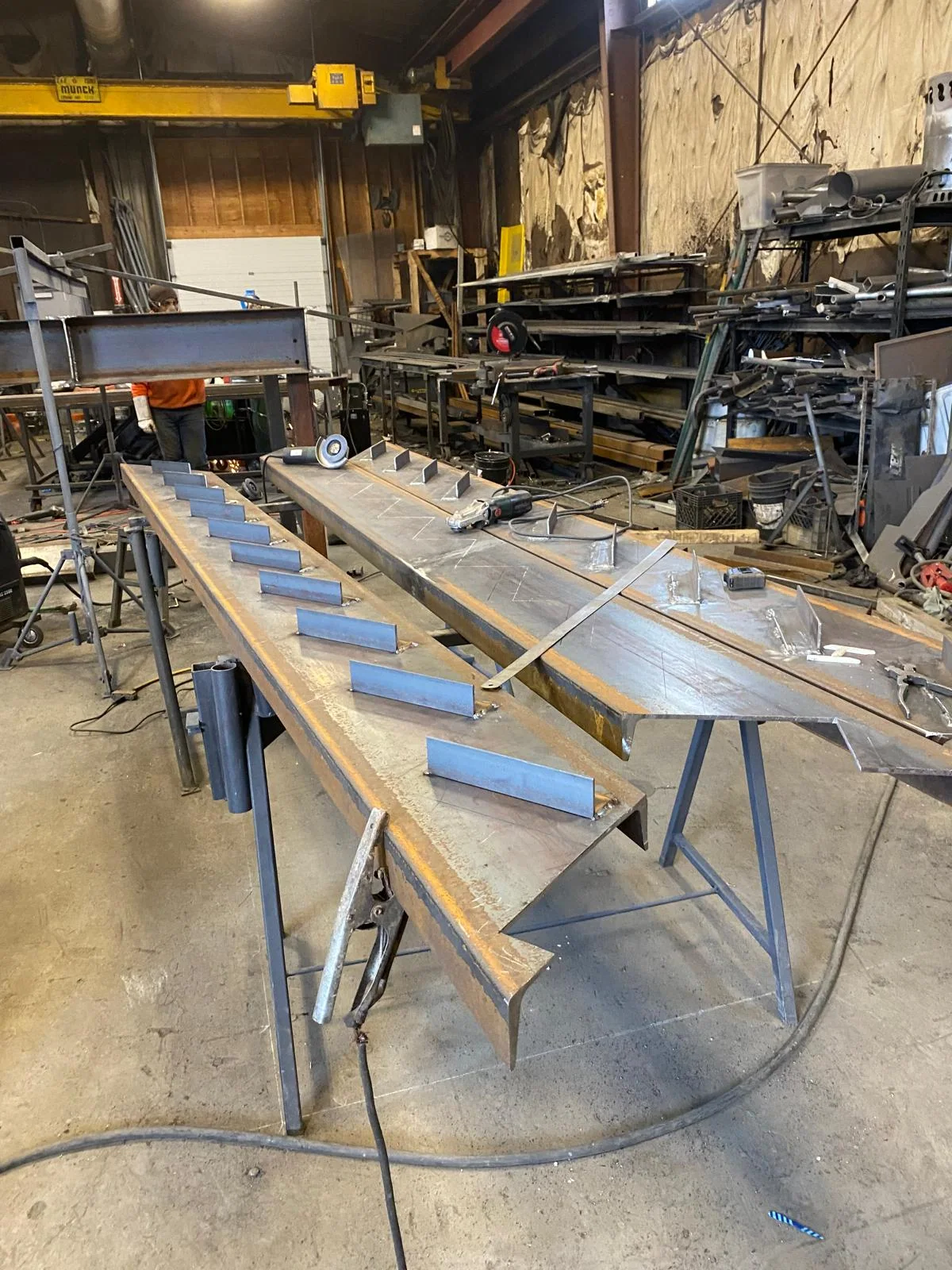 Steel stair and landing components during fabrication by BriteArc Fabricators