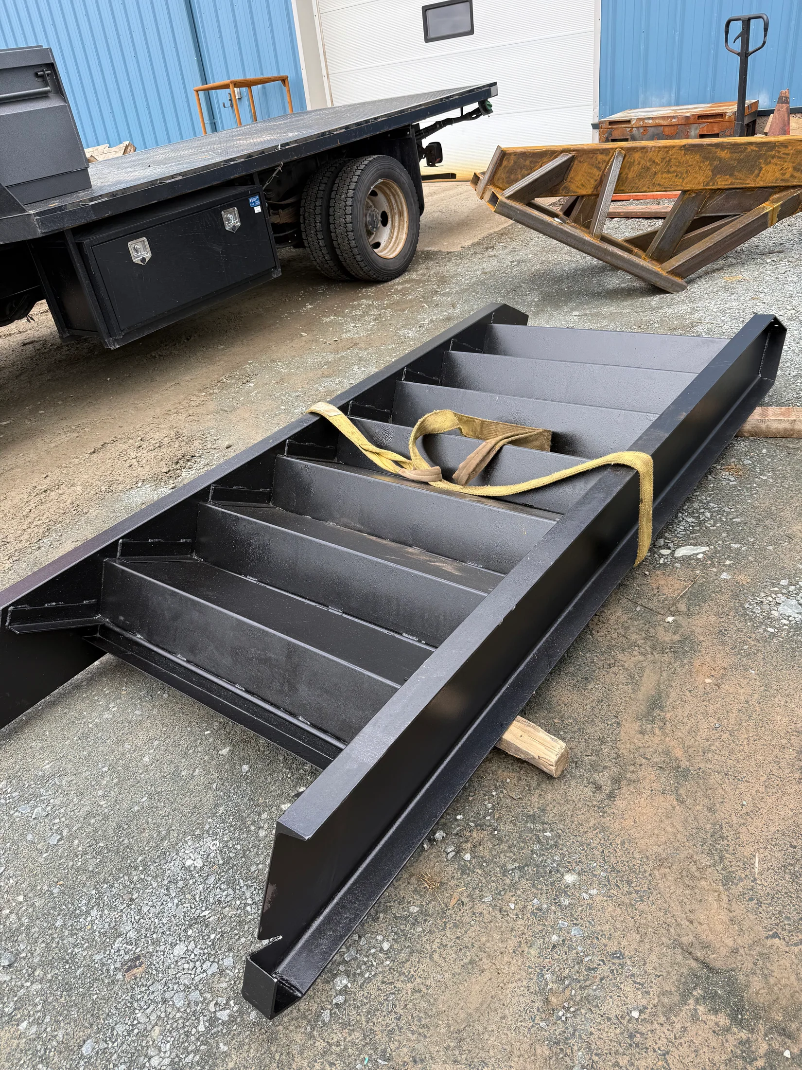 Fabricated stair assembly ready for delivery by BriteArc Fabricators